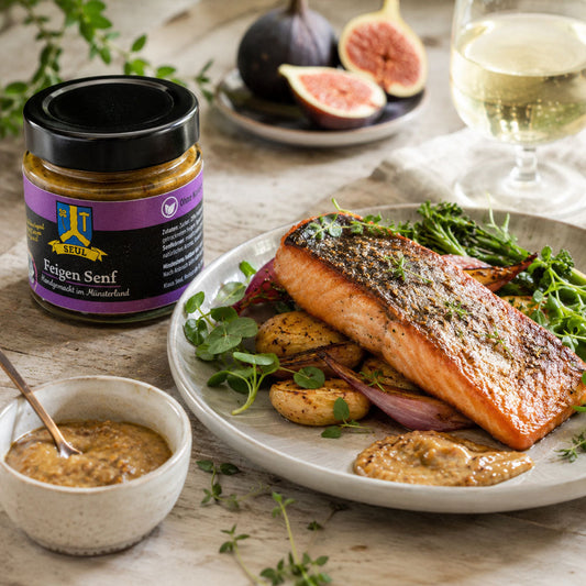 Lachs mit Feigensenf-Kruste und Ofengemüse