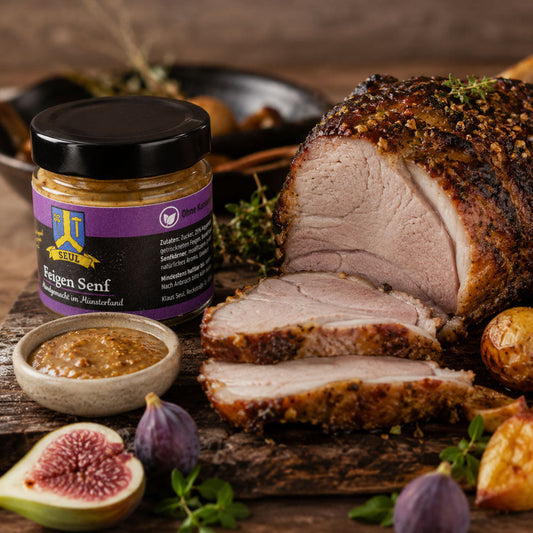 Schweinebraten mit Feigensenf-Kruste und Ofenkartoffeln