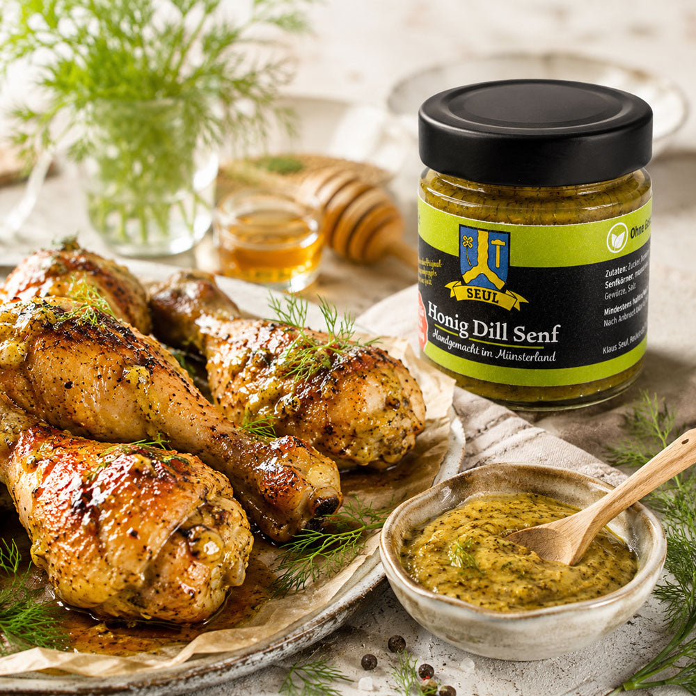 Hähnchenkeulen mit Honig Dill Senf Marinade