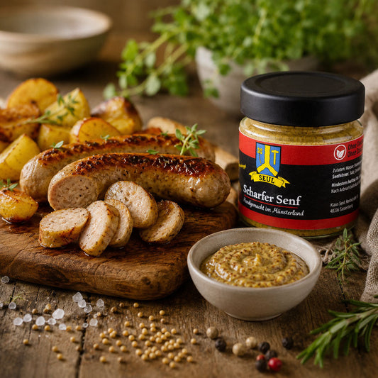 Bratwurst mit Scharfem Senf und Ofenkartoffeln